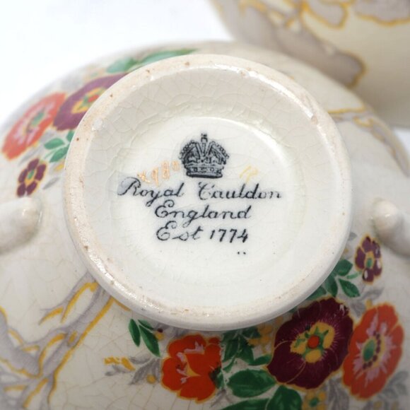 Vintage Royal Cauldon Floral Footed Bullion Cups Double Handles Cream Red Gold - Picture 5 of 7